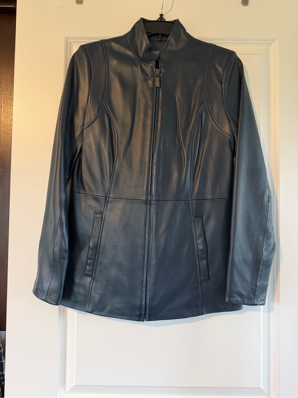 dennis basso Navy Blue Leather Jacket